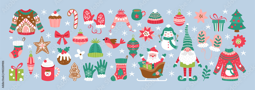 Christmas holiday cute elements set. Childish print for cards, stickers and decoration - obrazy, fototapety, plakaty 
