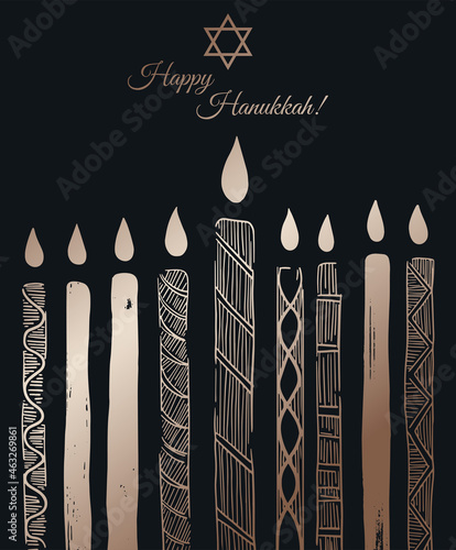 Cartoon style poster Happy Hanukkah with candles in luxury black and gold design