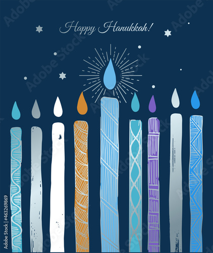 colored bright style poster Happy Hanukkah with candles 