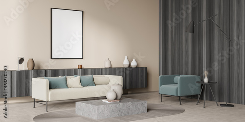 Corner view of beige and green living room with canvas over sideboard © ImageFlow