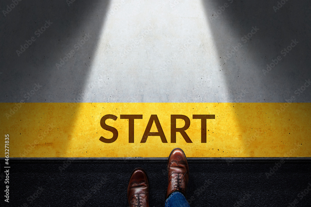 Start Concept. Top View of Businessman Steps into Start Line.  Moving Forward to New Challenge or do something New. Business Strategy, Metaphor Conceptual for Restart - obrazy, fototapety, plakaty 