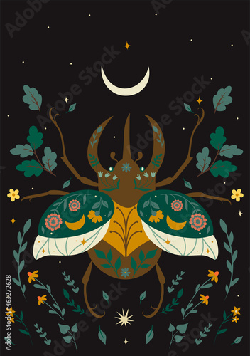 Postcard with a beetle in boho style. Vector graphics.