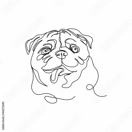 Continuous one single line drawing of funny little pug dog face head in silhouette on a white background. Linear stylized.