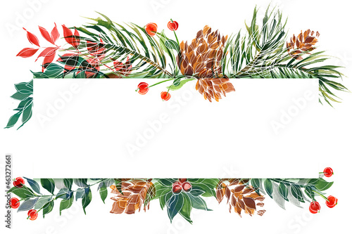 Christmas watercolor pine and holly and winter plants card