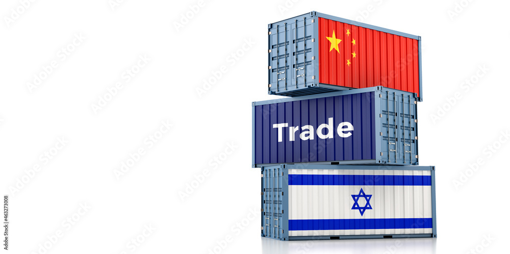 Shipping containers with China and Israel flag. 3D Rendering Shipping containers with China and Israel flag. 3D Rendering