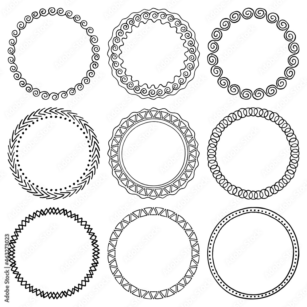 Vector set of round ink frames with hand drawn patterns