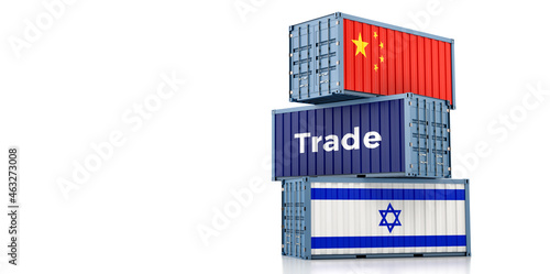 Shipping containers with China and Israel flag. 3D Rendering 