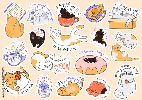 Large collection of cat stickers with inspirational or humorous text showing assorted activities, flat cartoon vector illustration