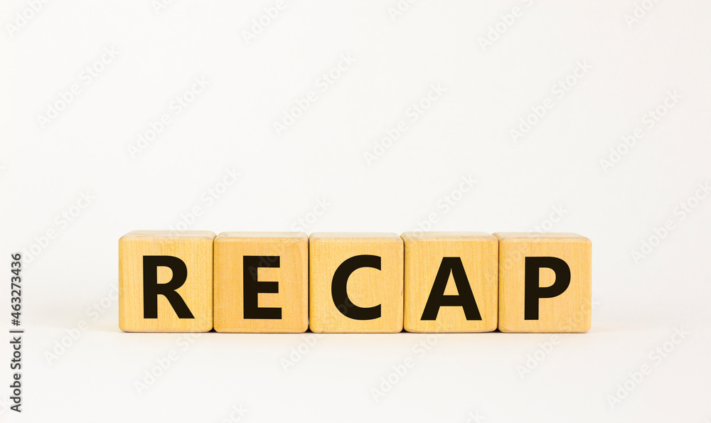 Recap symbol. The concept word 'recap' on wooden cubes on beautiful white table, white background, copy space. Business and recap concept. Recap symbol. The concept word 'recap' on wooden cubes on beautiful white table, white background, copy space. Business and recap concept.