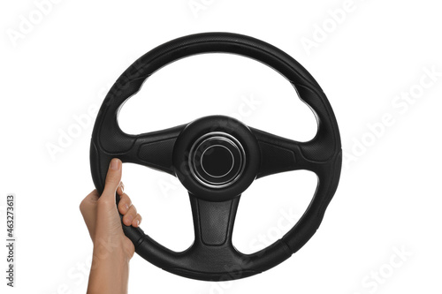 Woman with steering wheel on white background, closeup © New Africa