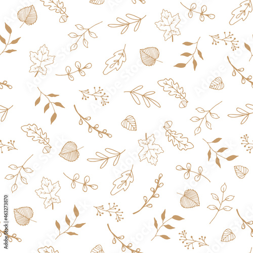 Hand drawn brown autumn foliage seamless pattern. Monochrome vector illustration for baby textile  fabric or card design. 