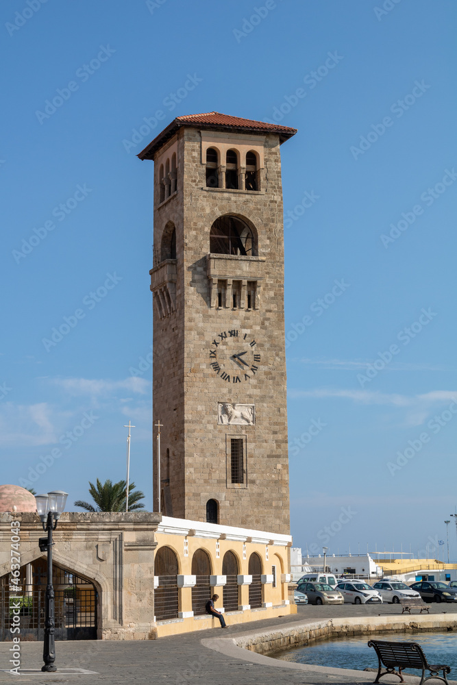 The Evangelistria church with its bell tower, in the city of Rhodes, Greece