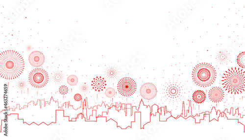 Vector illustration of a festive fireworks display over with cityscape scene for holiday and celebration background design.