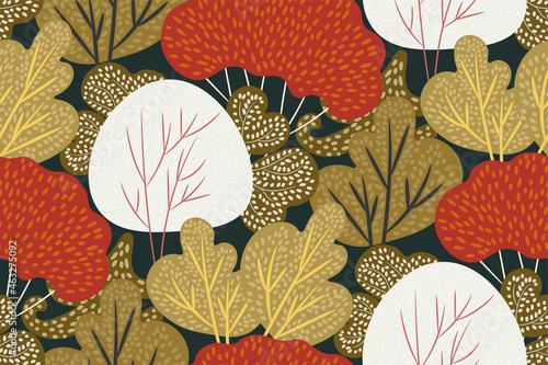 Beautiful Stylized abstract autumn trees pattern. Seamless texture with hand-drawn golden, red oaks, maples, firs, aspens… Botanical wallpaper, print in Asian oriental style. Vector illustration