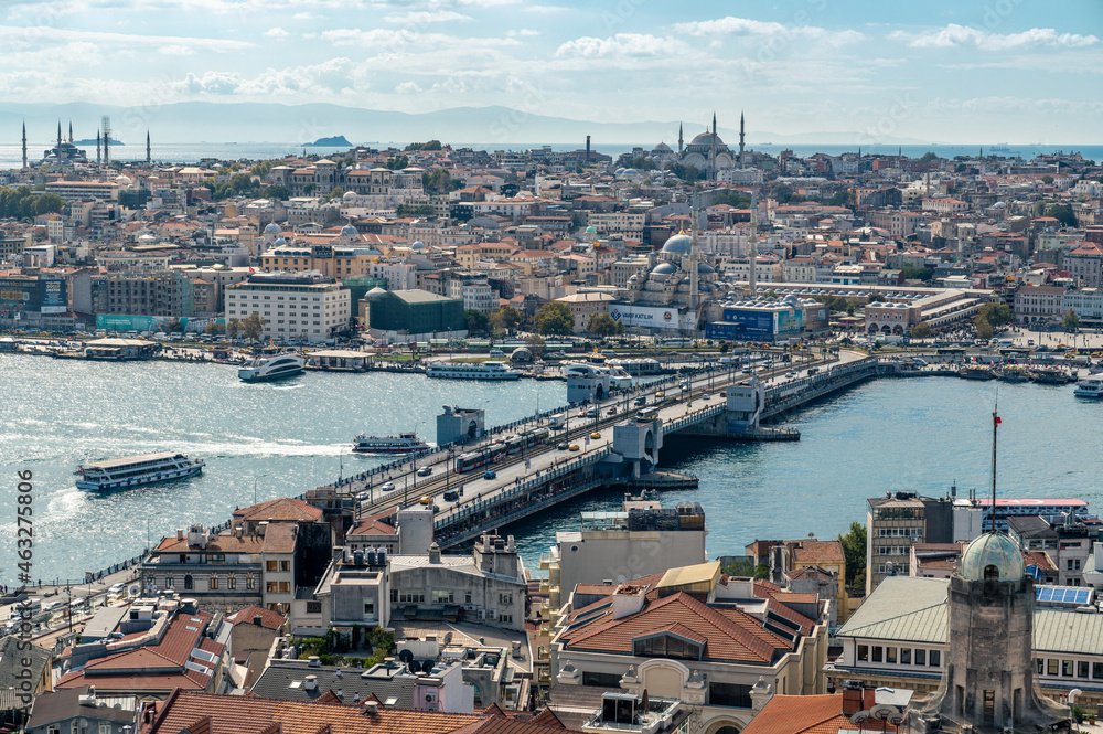 ISTANBUL, TURKEY - OCTOBER 12 ,2021: Istanbul city view from Galata tower in Turkey. Golden Horn bay of Istanbul and view on mosque with Sultanahmet district