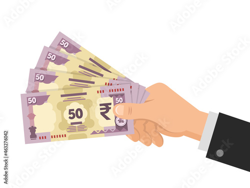 Hand holds money Indian Rupee 50 banknotes. Business concept. Official currency cash INR. Isolated on white background. Flat style. Simple minimal design. Vector illustration.