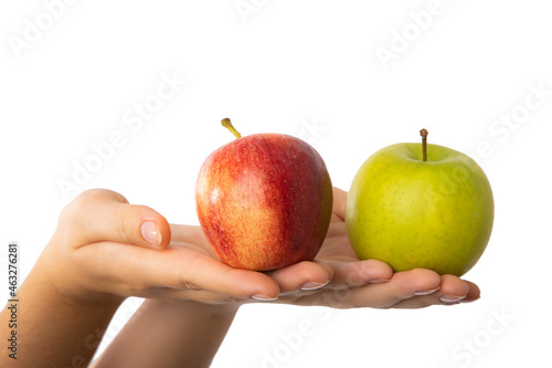 Red and green apple held in female hands. Conceptual for comparison, differentiation and choice selection making.
