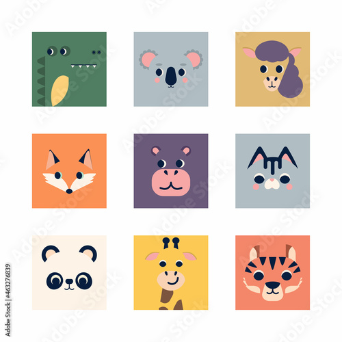 Cute animal portraits. Great for designing baby clothes, posters, avatar, icon,cards, pattern for fabrics, wrapping paper, wallpaper, postcards. Vector illustration in flat, simple, geometric style.