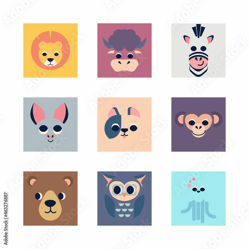 Cute animal portraits. Great for designing baby clothes, posters, avatar, icon,cards, pattern for fabrics, wrapping paper, wallpaper, postcards. Vector illustration in flat, simple, geometric style.