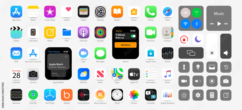 IOS 15 icons Apple inc: Apple Store, Apple ID, Swift UI, CardPointers,  Widgets, SharePlay, Podcasts, iTunes, iBooks, Apple TV, Clock, Wallet,  Notes, Phone, Maps etc. Kyiv, Ukraine - October 16, 2021 Stock Vector |  Adobe Stock