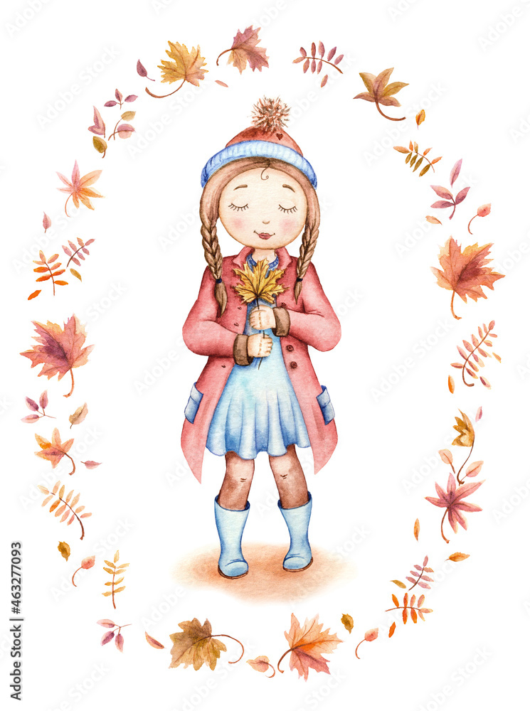 Girl with a maple leaf. Hand drawn watercolor illustration. 