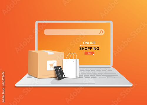 parcel box, black credit card, white shopping bag placed on a notebook computer or laptop for online shopping concept design,vector 3d on orange background for advertising promotion design