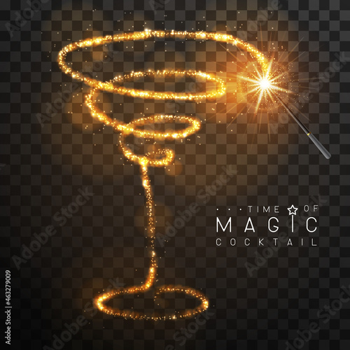 Magic wand with golden glowing shiny trail. Cosmopolitan cocktail silhouette isolated on black transparent background. Vector illustration