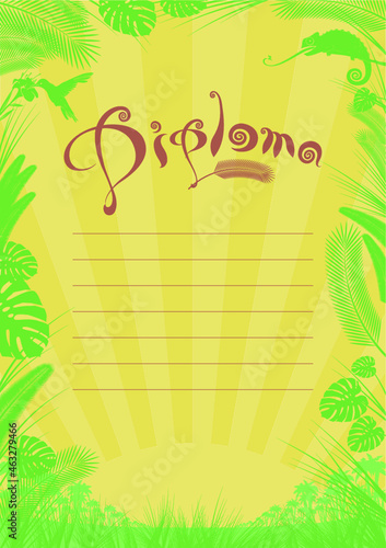 school biological diploma decorated with a green frame, plants and animals on a yellow radiant background, editable vector drawing