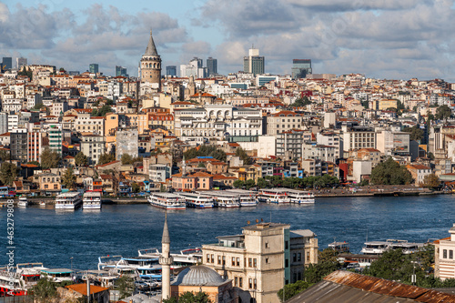 ISTANBUL, TURKEY - OCTOBER 12 ,2021: View from Suleymaniye Mosque to Galata district and Galata Tower. Galata tower. Istanbul city aerial view. Istanbul City Scenery