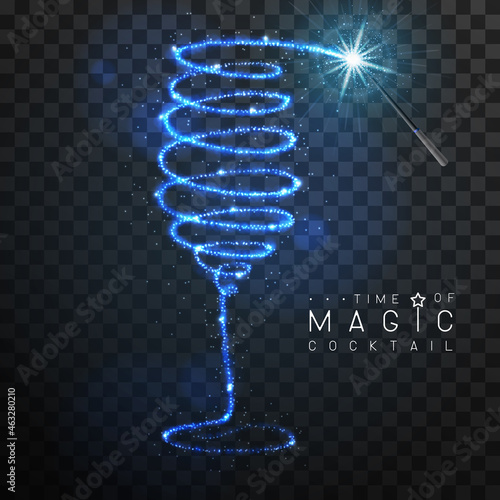 Magic wand with blue glowing shiny trail. Champagne or wine glass silhouette isolated on black transparent background. Vector illustration