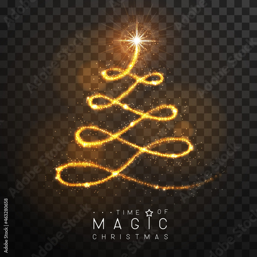 Magic golden Christmas tree silhouette. Magic wand with golden glowing shiny trail.  Isolated on black transparent background. Vector illustration