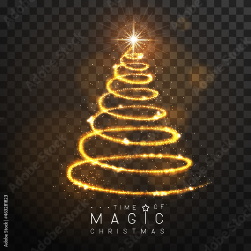 Magic golden Christmas tree silhouette. Magic wand with golden glowing shiny trail.  Isolated on black transparent background. Vector illustration