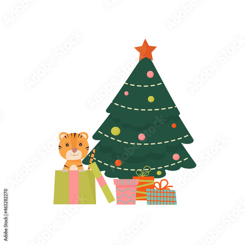 A cute little tiger cub is sitting in a box near the Christmas tree with gifts. The concept of a New Year greeting card. Vector illustration of a flat design