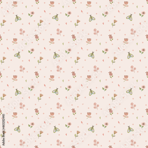 Seamless pattern with cute pastel flowers and butterflies. Childish style, vector illustration.