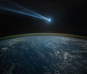 Comet, asteroid, meteorite flying to the planet Earth.  Glowing asteroid and tail of a falling comet threatening the safety of the Earth.  Elements of this image furnished by NASA.
