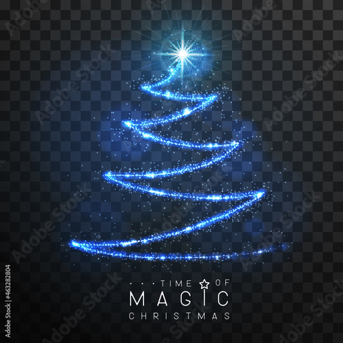 Magic blue Christmas tree silhouette. Magic wand with blue glowing shiny trail.  Isolated on black transparent background. Vector illustration