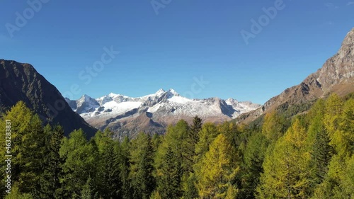 Overflight of the forest in the mountains, beautiful panorama of the glaciers of the alps