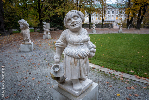 Dwarf Garden  Zwergerlgarten  - Dwarf with onions representing month of august - 17th century statue - Salzburg  Austria