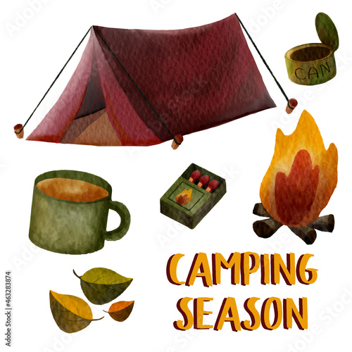 Set of watercolor painted camping supplies clipart. Hand drawn isolated on white background