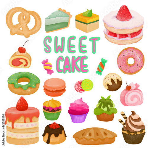 Set of watercolor painted Sweet Dessert, Cake clipart. Hand drawn isolated on white background