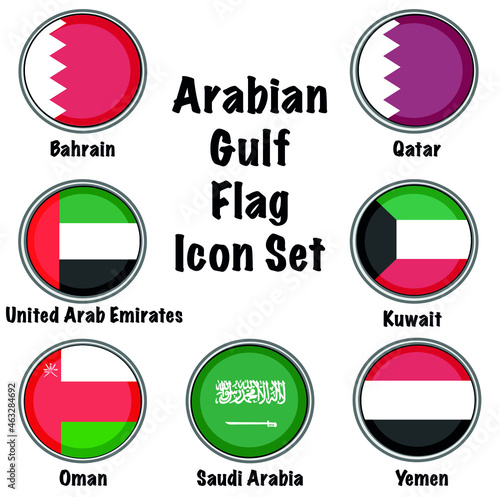 GCC Gulf Country Middle East Flag 3D Icon set on isolated white background. United Arab Emirates, Kuwait, Qatar, Bahrain, Saudi Arabia, Yemen and Oman.	