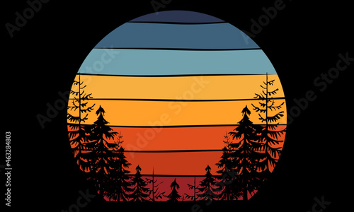 colorful vintage retro sunset nature forest trees landscape isolated on black background vector illustration of sunset with treeline