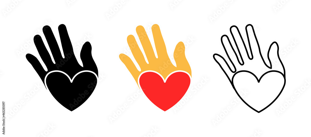 Artistic red heart shape card in palm. Deliver heart sign vector icon set. Silhouette, colored, linear icon set. Logo-web, icon design element. Artistic red heart shape card in palm. Deliver heart sign vector icon set. Silhouette, colored, linear icon set. Logo-web, icon design element.