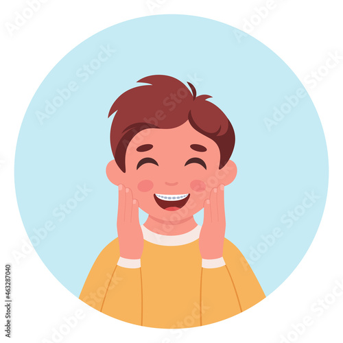 Boy with dental braces. Dental care. Little boy portrait in circular frame. Vector illustration
