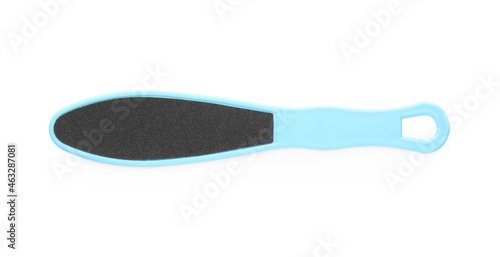 Light blue foot file on white background, top view. Pedicure tool