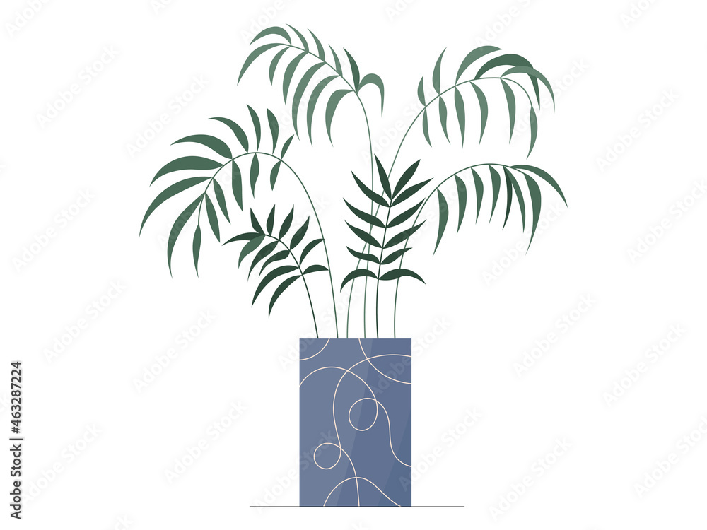 Naklejka Flat parlor palm plant in a pot illustration. Vector parlour palm isolated color icon on white background. Minimal floral flat illustration of elegant green parlor palm leaves for trendy modern design