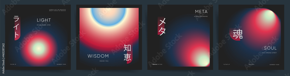 japanese meaning - light, wisdom, meta, soul. Social media square post template with modern smooth gradient. Gradient cover template design set for poster, social media post and promo banners. Vector.
