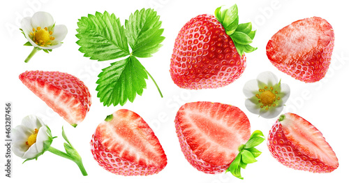 Set of six strawberries - cut and whole with leaves and flowers isolated on a white background.