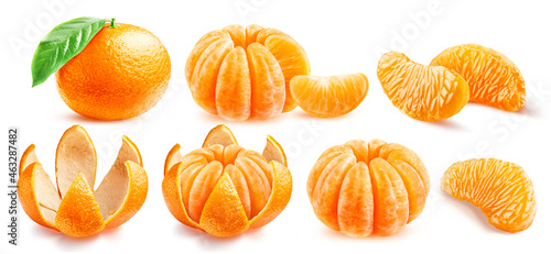 Set of ripe tangerines - peeled and whole, with and without peel, isolated on a white background. Mandarin with cut flower-shaped skin.