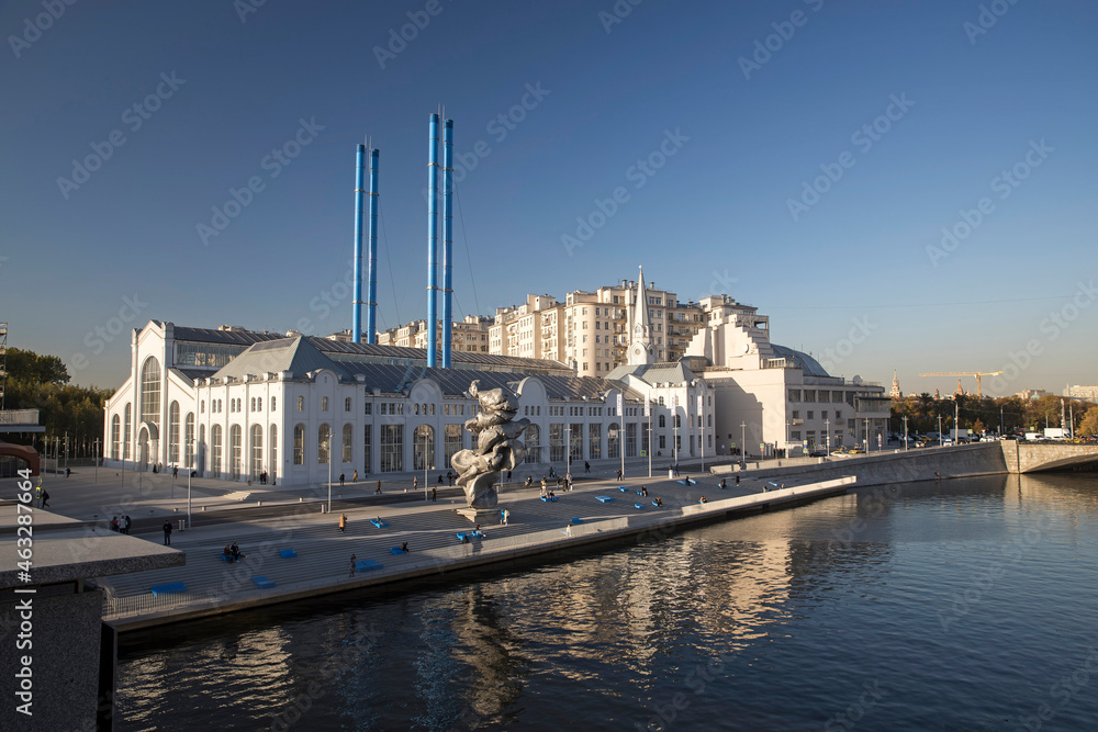 Urs Fischer's sculpture Big Clay 4 on the Bolotnaya Embankment of Moscow river in front of the building of GES-2 , a cultural venue and former power plant